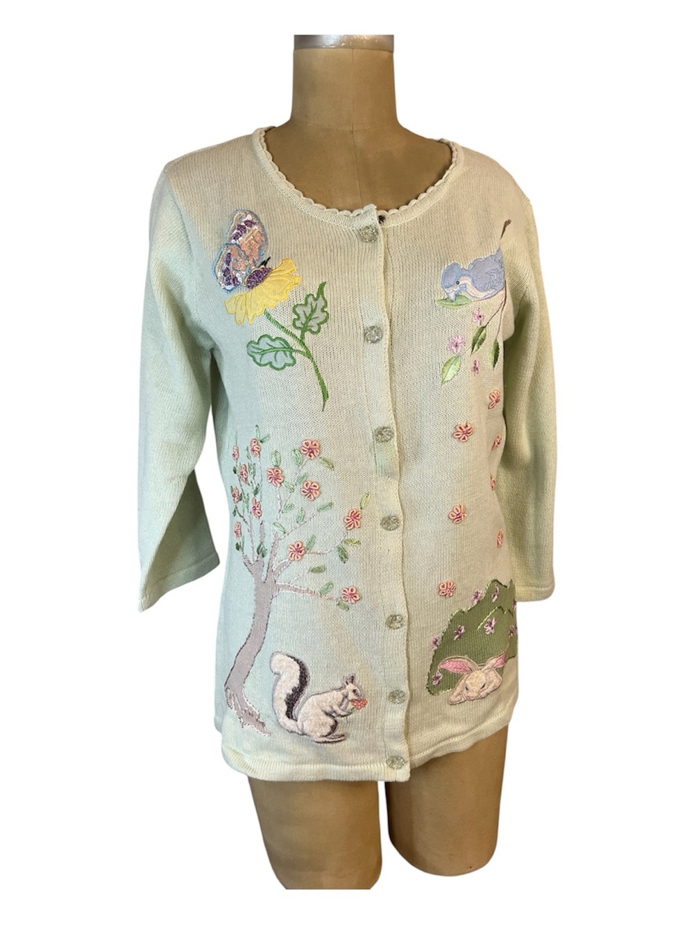 Storybook Knits Woodland Spring Vtg NWT Embroidered Animal & Floral Cardigan